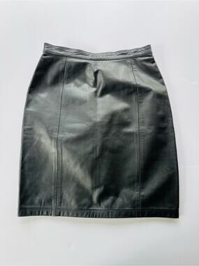 Vintage 1980s Classic Black Leather Pencil Skirt Knee Length Amati Size 8